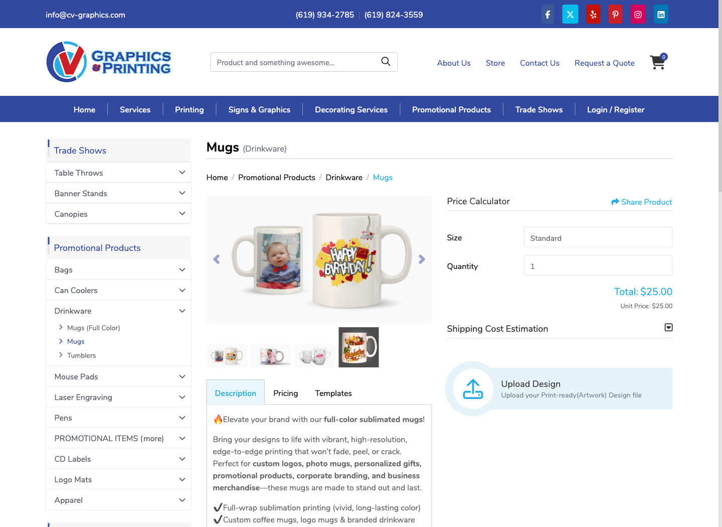 CV Graphics and Printing mug order page with quantity, price, shipping estimator, and Upload Design