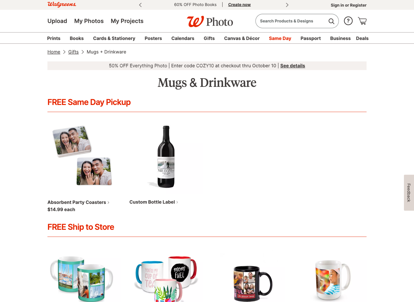 Walgreens drinkware catalog separating same-day products from mugs under Free Ship to Store
