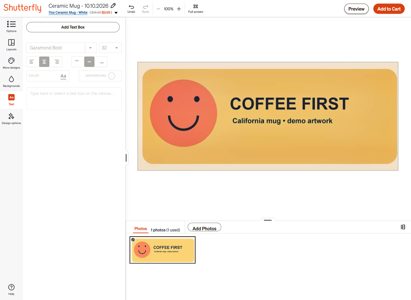 Shutterfly editor with the uploaded Coffee First artwork and the unused text box removed