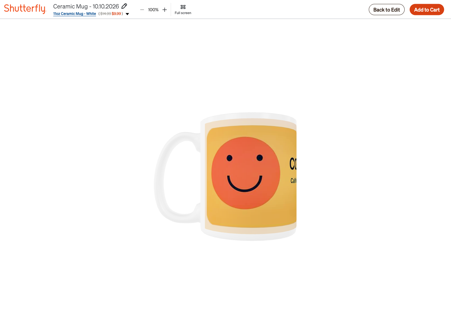 Shutterfly 3D preview of a white mug with an uploaded Coffee First design