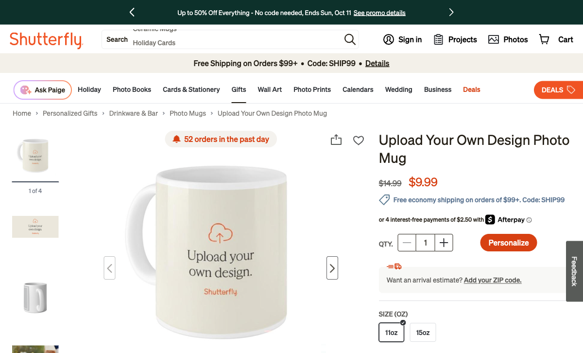 Shutterfly upload-your-own-design product page showing size, color, quantity, and Personalize