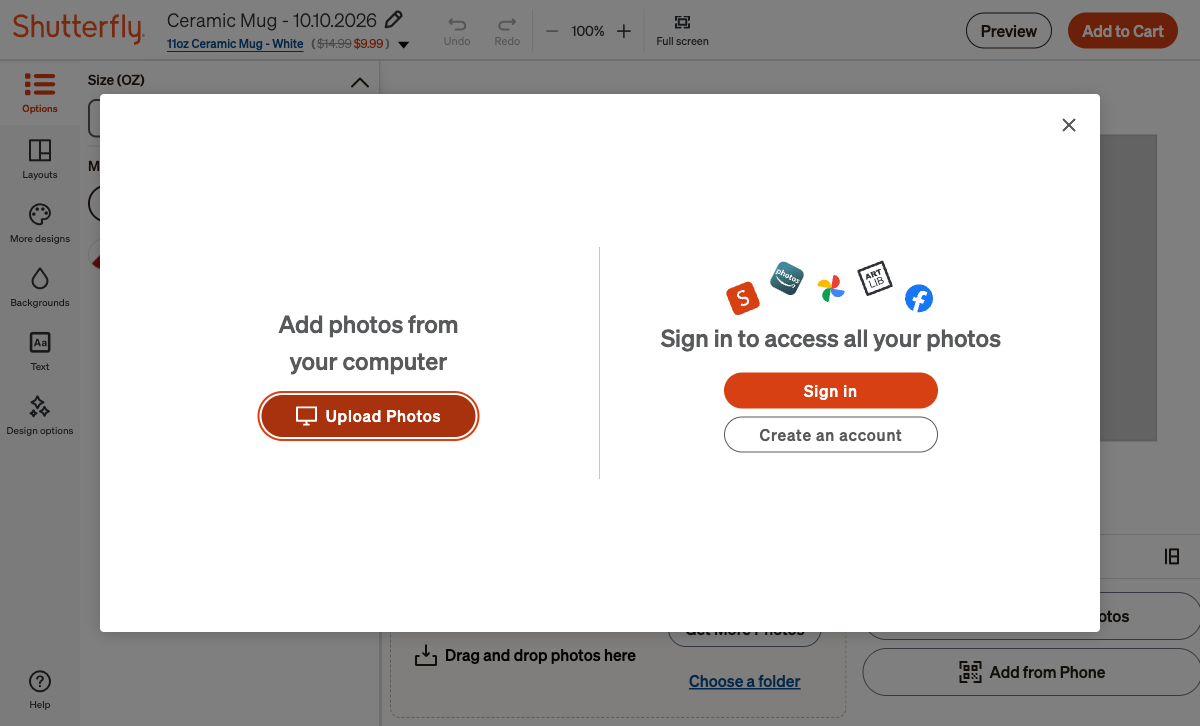 Shutterfly upload dialog with a button for adding photos from your computer